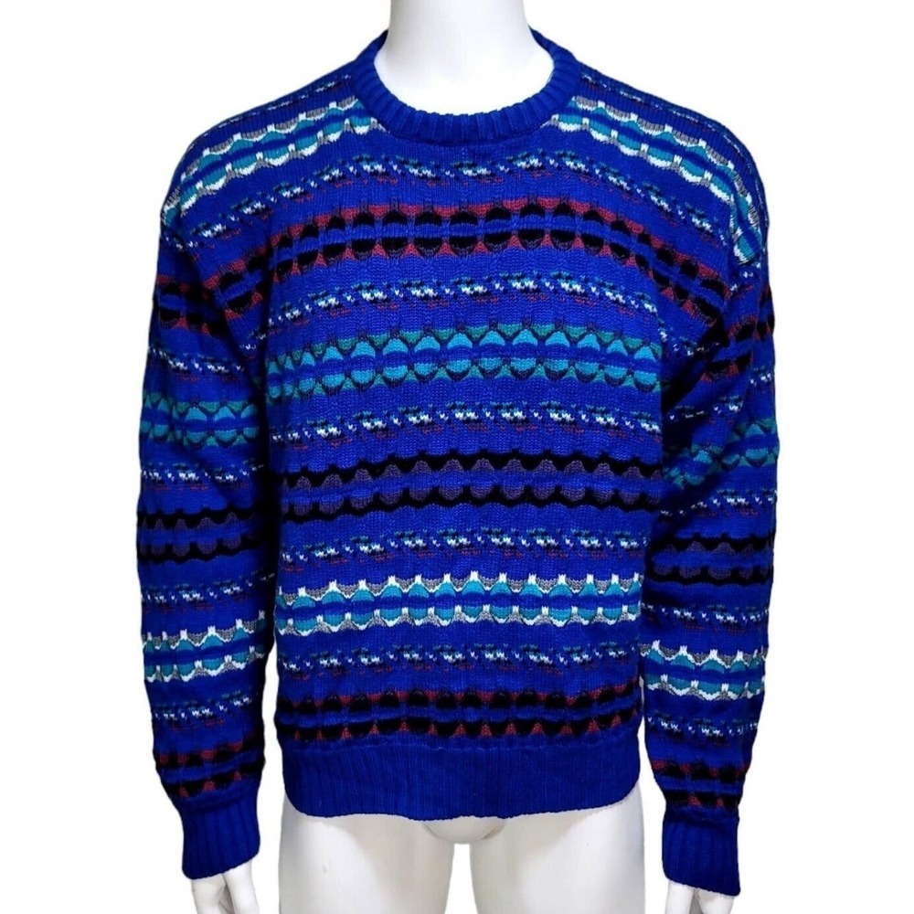 Vintage Expressions Mens Blue Geometric Knit Crewneck‎ Sweater L 90s Streetwear